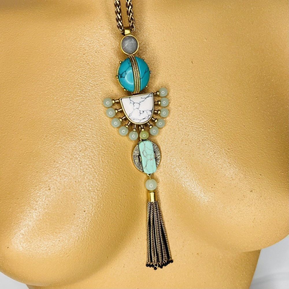 Stella & Dot Totem Tassel Pendant Necklace Antique Gold Turquoise Howlite